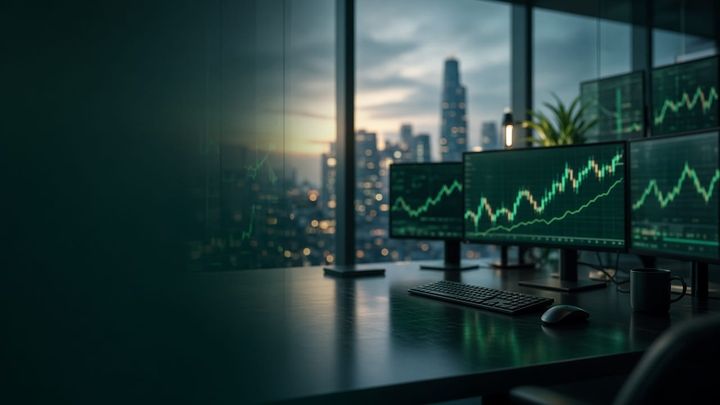 Trading desk monitors showing green market charts at dusk