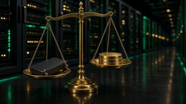 에메랄드빛 조명의 데이터센터 홀에서 서버와 금색 원판을 저울질하는 황동 저울