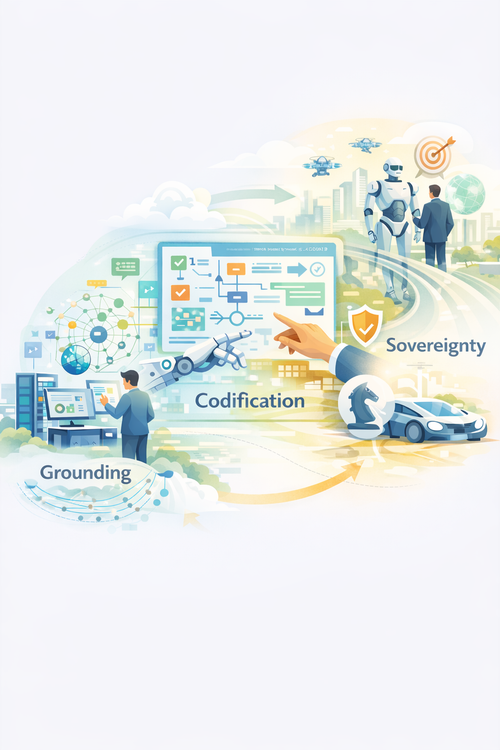 Illustration of an enterprise AI journey: grounded data and human oversight evolve into codified logic and governed autonomy, with humans and AI collaborating.