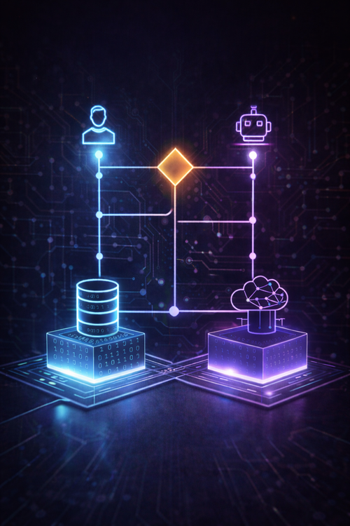 Illustration showing how human decision-making connects traditional data systems with artificial intelligence.