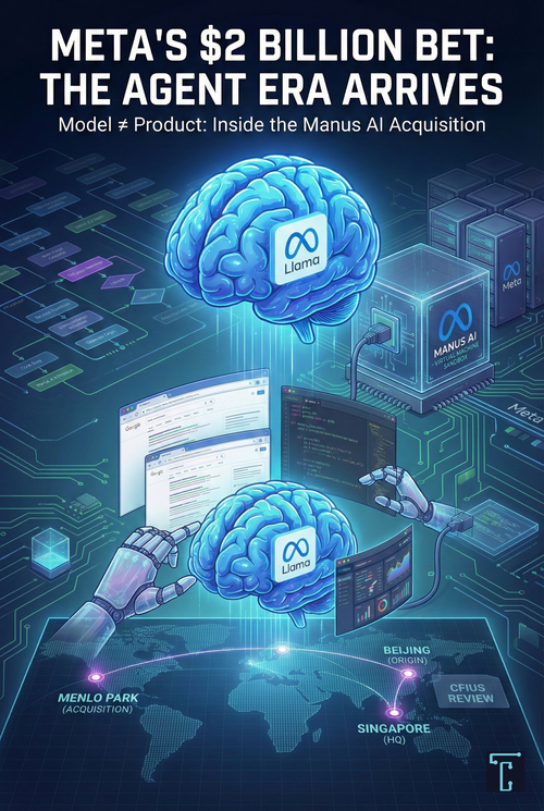 Cover: Llama brain connected to robotic hands and Manus AI server. Map traces Beijing origin → Singapore headquarters → Meta acquisition path.