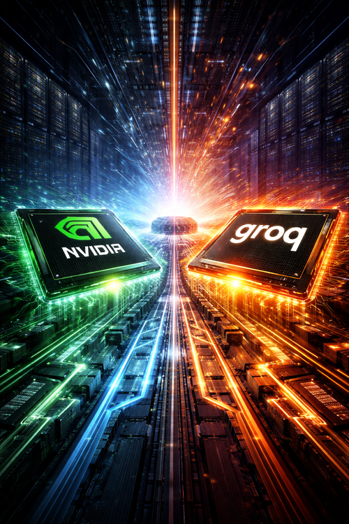 A glowing data-center scene showing Nvidia and Groq chips facing each other, symbolizing the convergence of GPU and LPU architectures in next-generation AI computing.
