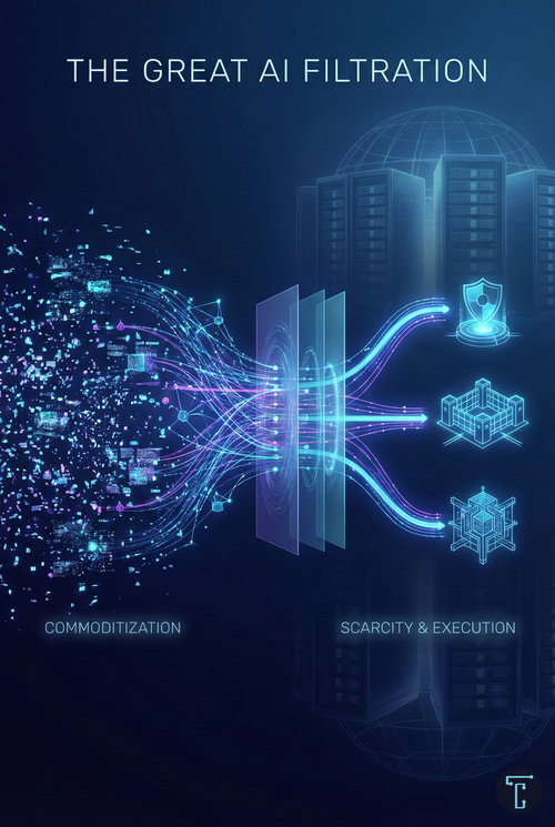 Conceptual image titled "THE GREAT AI FILTRATION". A "COMMODITIZATION" data cloud filters into structured "SCARCITY & EXECUTION" icons.