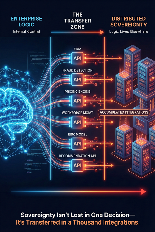 Diagram shows "Enterprise Logic" transferring through "The Transfer Zone" and APIs to "Distributed Sovereignty," illustrating control loss from integrations.