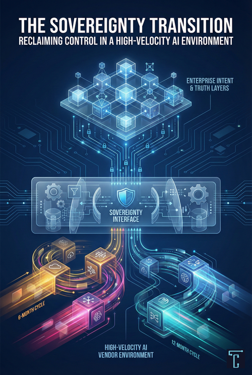 Sovereignty architecture with an interface separating stable intent from high-velocity AI vendors.