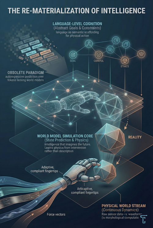 Diagram "The Re-Materialization of Intelligence" contrasting crumbling text tokens with a robotic hand guided by physics-based world models.
