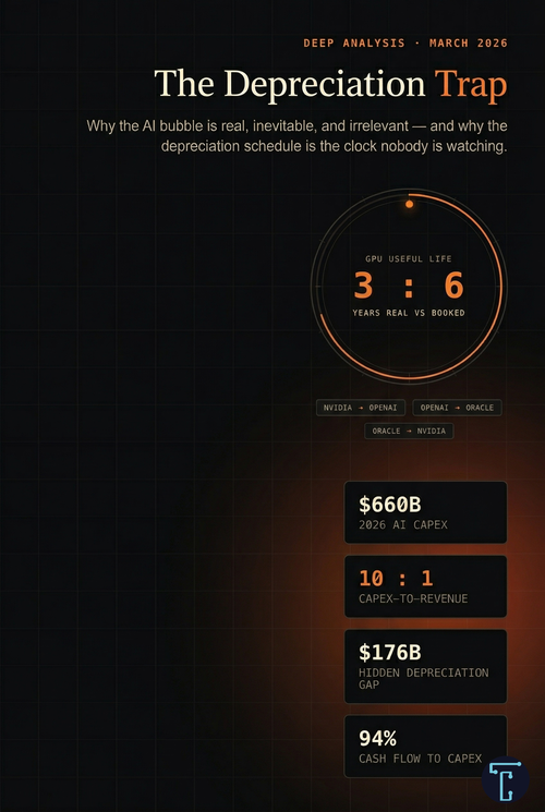 Cover for "The Depreciation Trap" analyzing the AI bubble. Features a GPU life dial (3:6 years) and key financial stats like a $176B hidden gap.