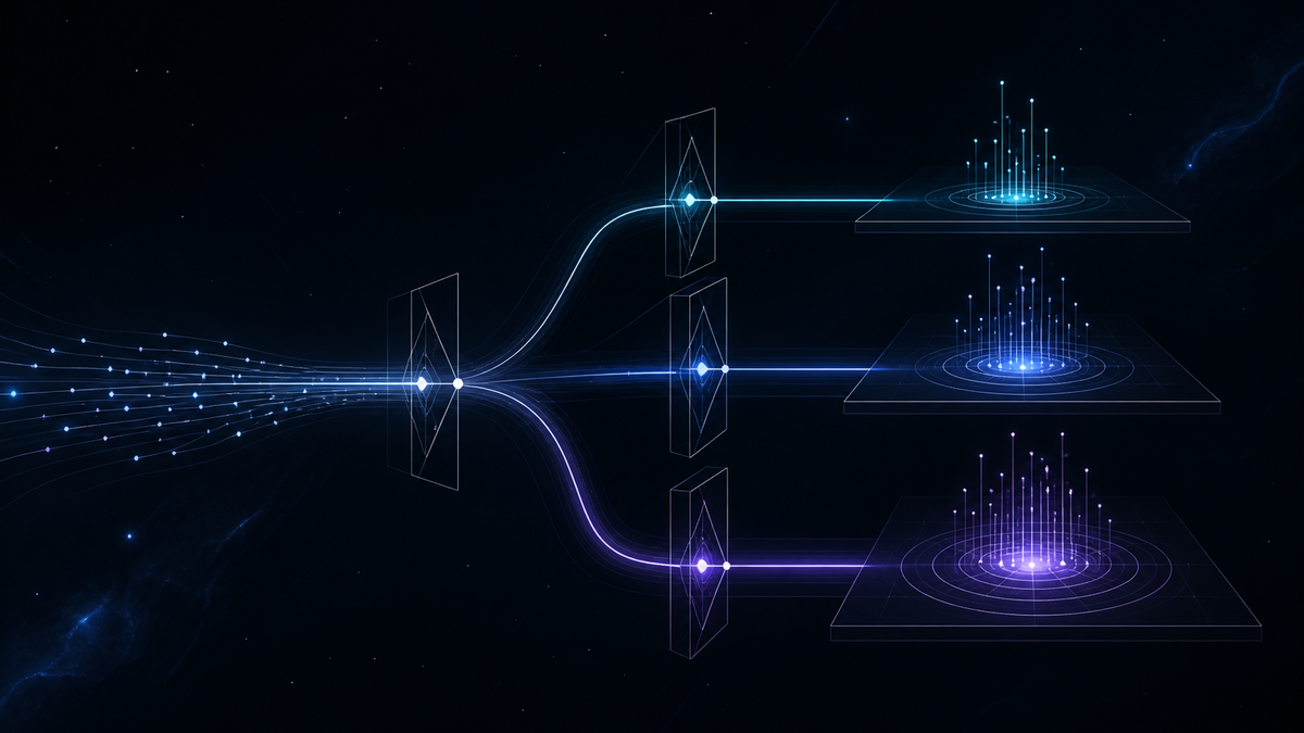 Luminous signal paths pass through distinct approval gates before reaching three governed outcomes.