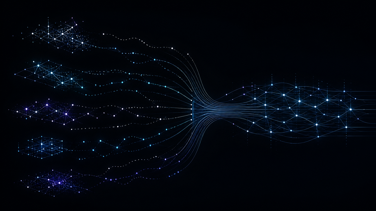 Several isolated data networks and duplicated paths converge into one coherent company-wide signal.