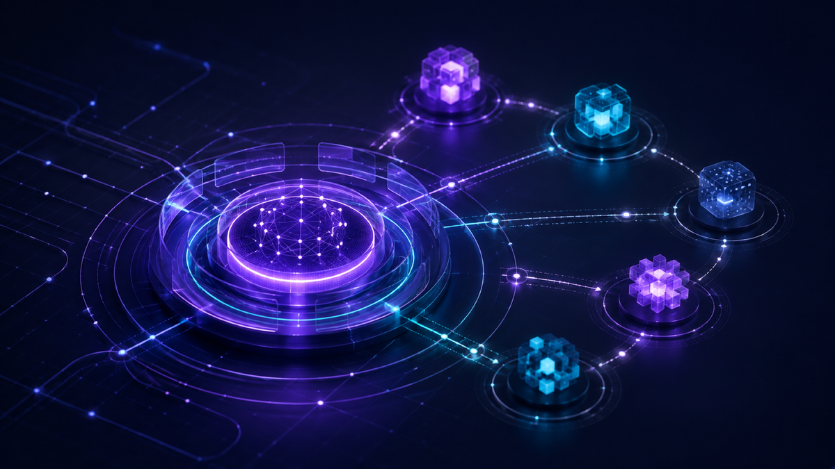 A stable violet company-memory core connects to interchangeable AI model modules, illustrating a roadmap designed to survive model changes.