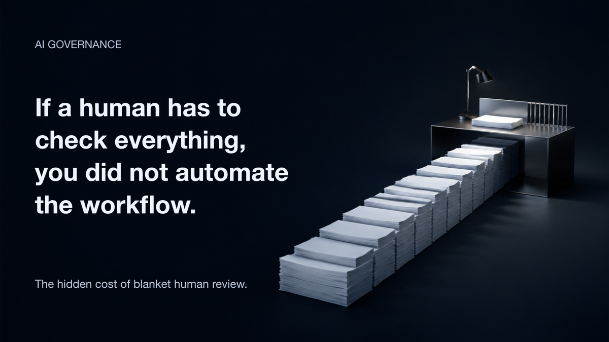 A long queue of paper outputs waits at one review desk, illustrating the bottleneck created by checking every automated output.