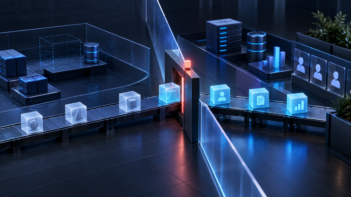 A dark operational workspace showing a controlled gate between an isolated test lane and a live business workflow.