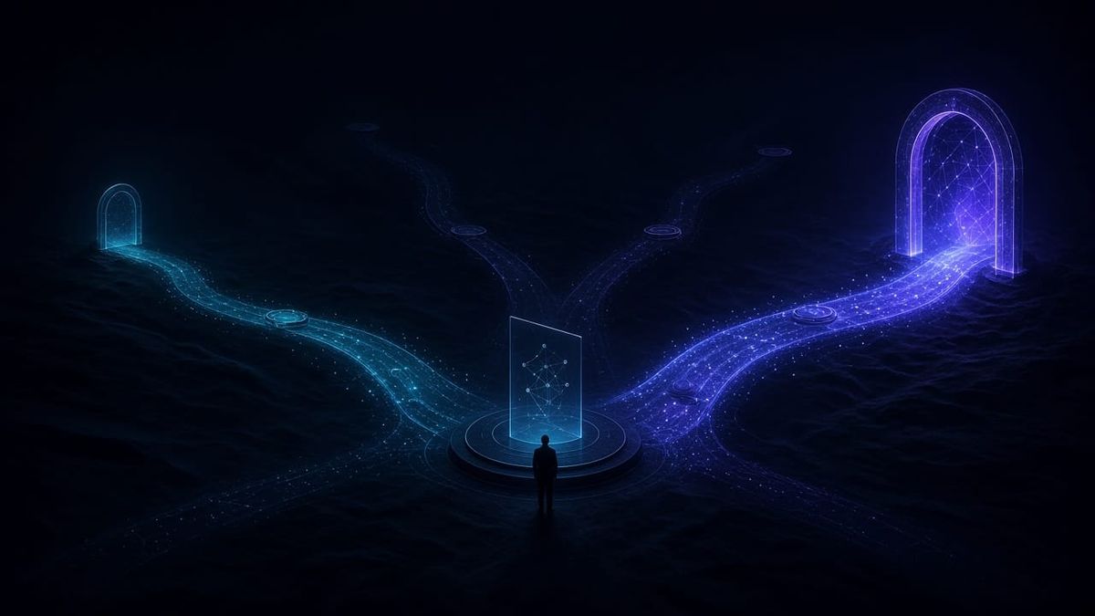 Branching illuminated paths and portals representing a choice between AI models