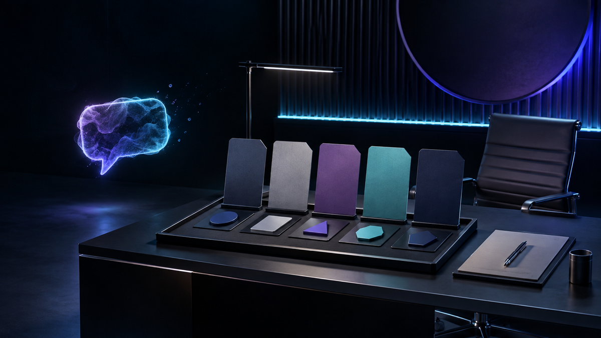A structured AI role card sits beside a glowing agent, representing purpose, authority, evidence and escalation.