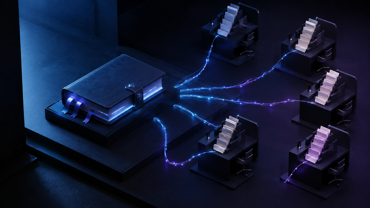 A glowing company knowledge loop connects several AI tools while previously isolated lessons converge into one shared memory.