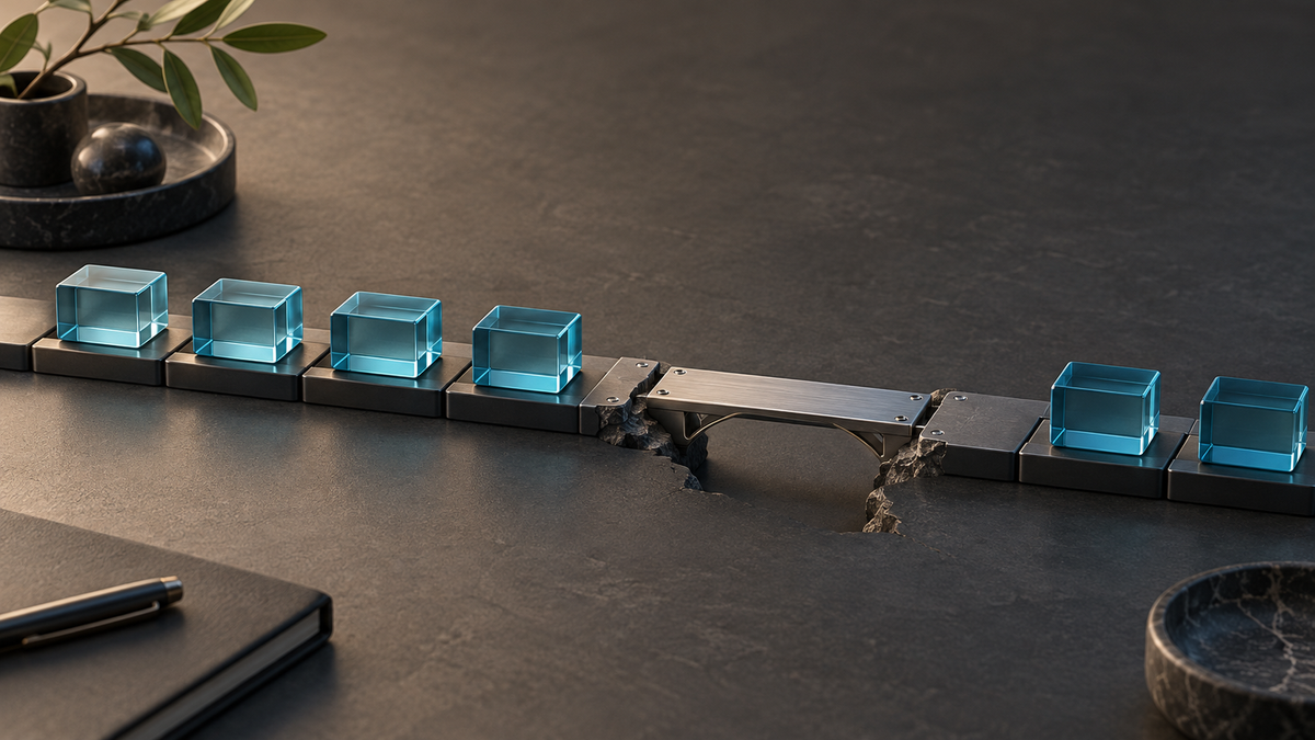 A repaired bridge continues a track of blue glass workflow blocks across a break.
