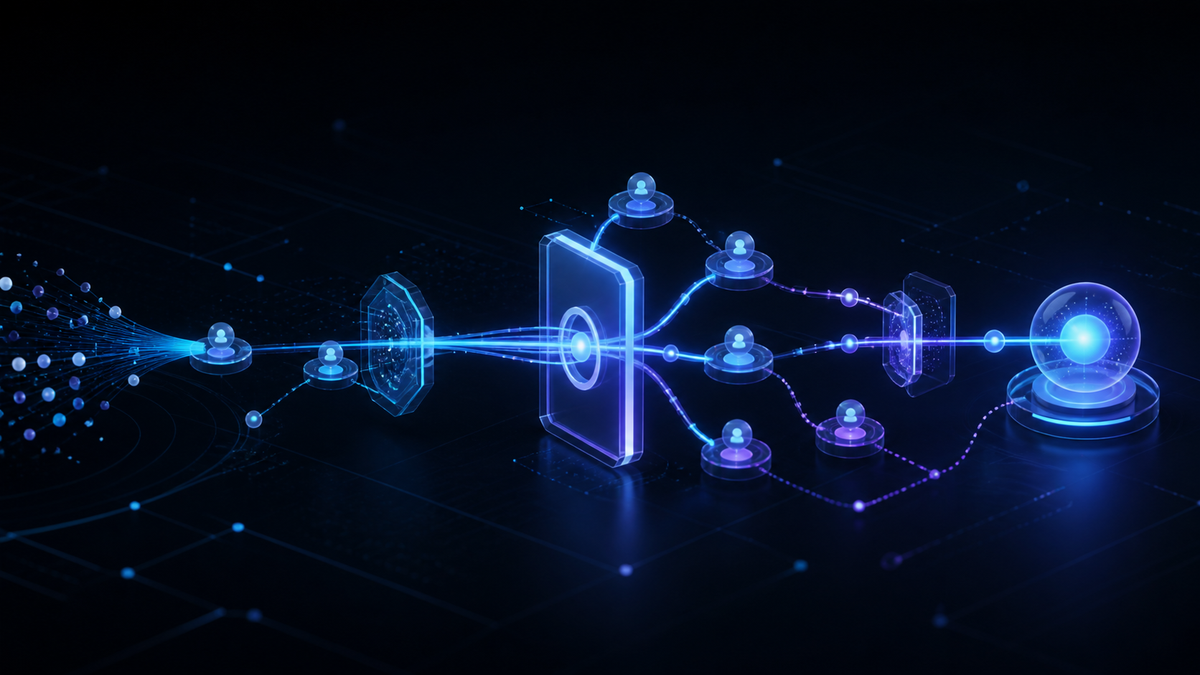 A luminous workflow passes through ownership nodes, approval gates and escalation paths.