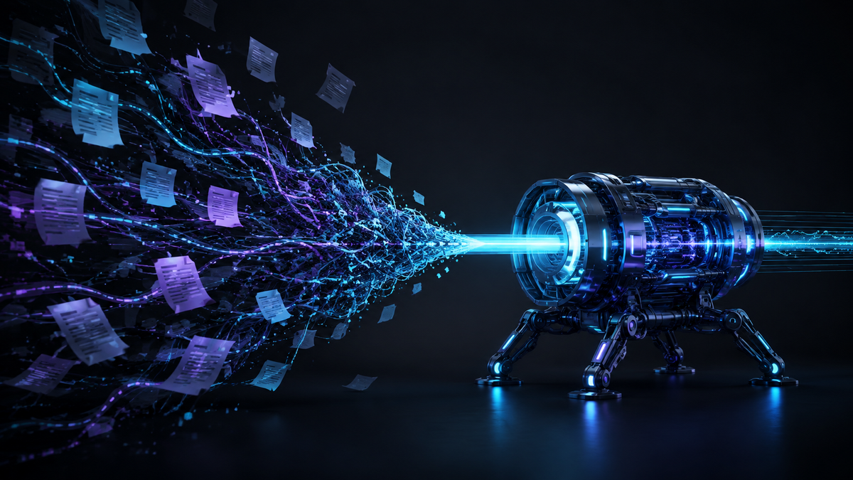 A precise AI machine processes a stream of conflicting and outdated company documents.