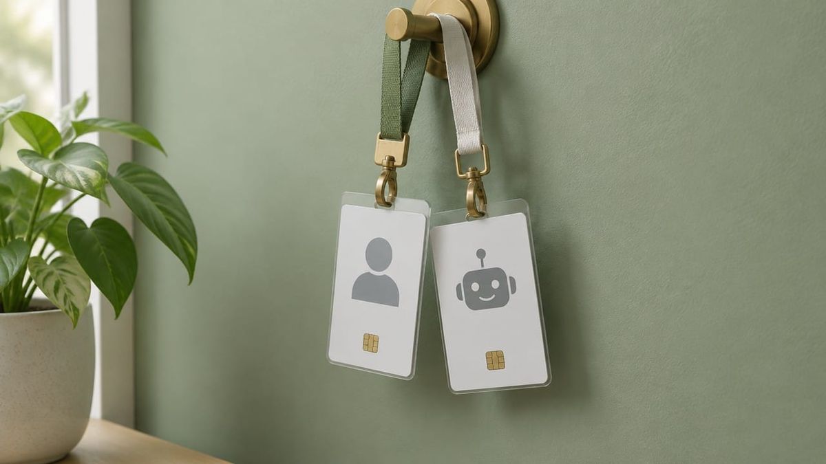 Two work ID badges on lanyards hanging against a sage-green wall, one with a person icon and one with a friendly robot icon.