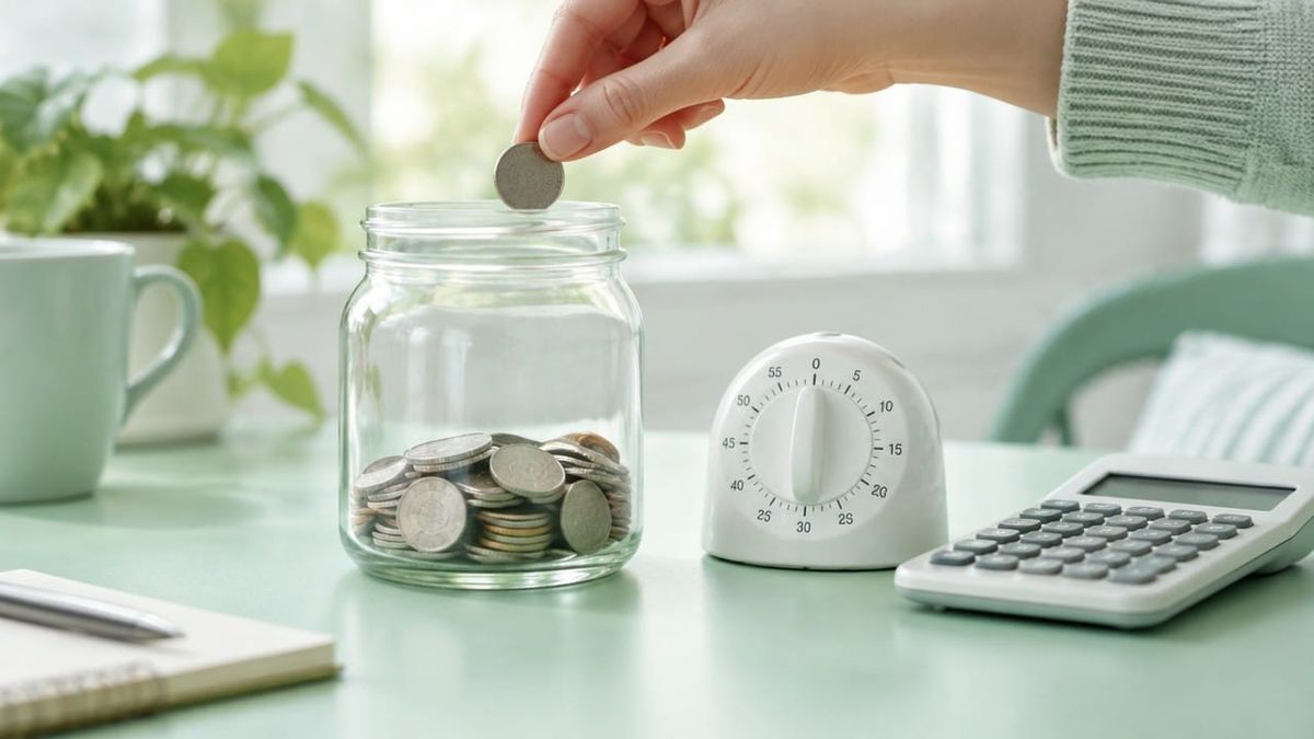 Close-up of a hand dropping a coin into a glass jar of coins beside a kitchen timer and calculator on a mint-green desk.