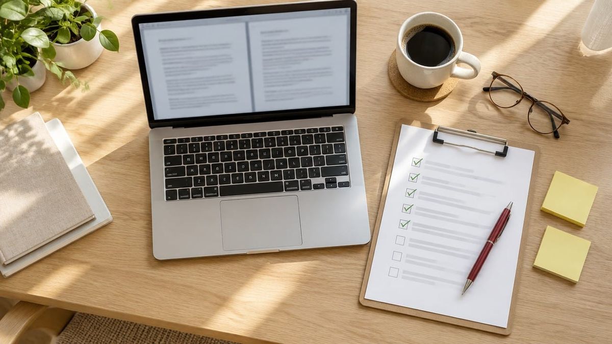 Top-down photo of a sunlit oak desk with a laptop showing two document versions side by side, a ticked checklist on a clipboard, coffee and sticky notes.