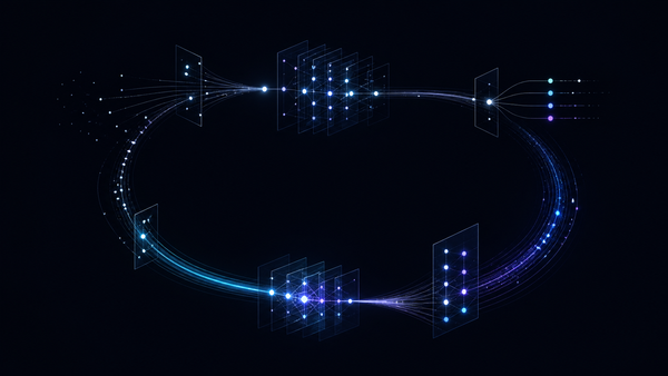 A luminous data path completes a loop through decision points and returns as a clearer signal.