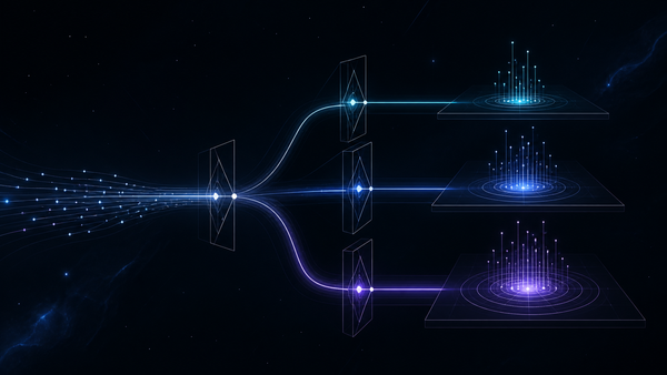 Luminous signal paths pass through distinct approval gates before reaching three governed outcomes.