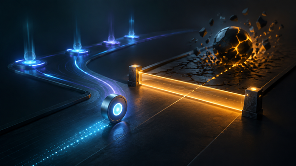 An AI decision token is stopped by an amber guardrail before a high-cost failure zone.