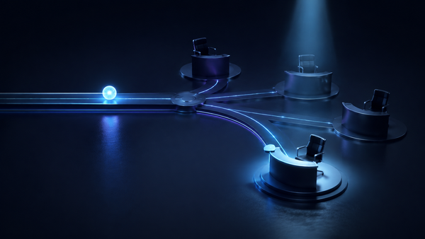 A glowing decision token reaches an escalation junction leading to several empty decision desks, with one desk highlighted as the accountable owner.