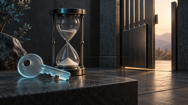 A glass key beside an hourglass and a partly closed gate represents time-limited access.