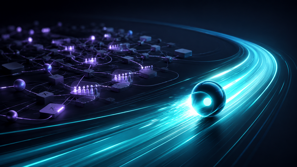 A fast glowing AI token races ahead while a tangled team workflow remains caught in slow handoffs.