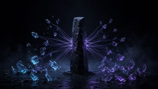 A single dark keystone connecting a network of illuminated paths and crystalline nodes