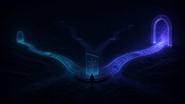 Branching illuminated paths and portals representing a choice between AI models