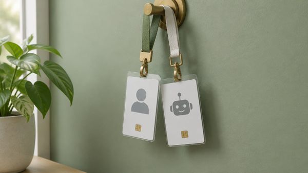 Two work ID badges on lanyards hanging against a sage-green wall, one with a person icon and one with a friendly robot icon.