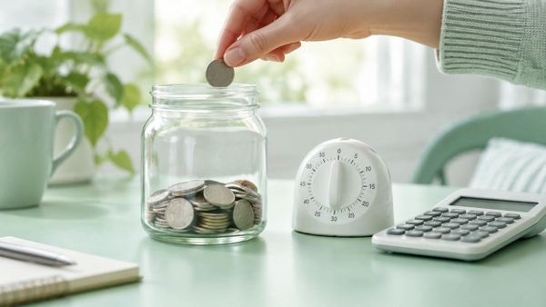Close-up of a hand dropping a coin into a glass jar of coins beside a kitchen timer and calculator on a mint-green desk.