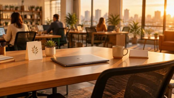 A bright open-plan office at golden hour with a tidy empty desk set up for a new starter: closed laptop, welcome card, plant and mug.