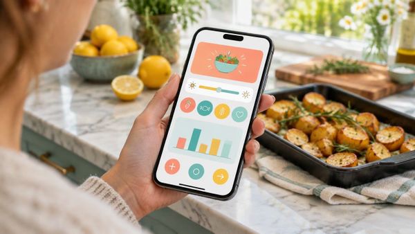 A hand holding a phone showing a colourful interactive card with a slider and buttons in a sunny kitchen, with roast potatoes and lemons on the counter.
