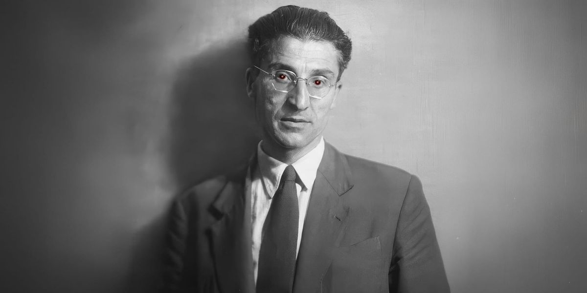 Retrato de Cesare Pavese con los ojos encendidos en rojo óxido