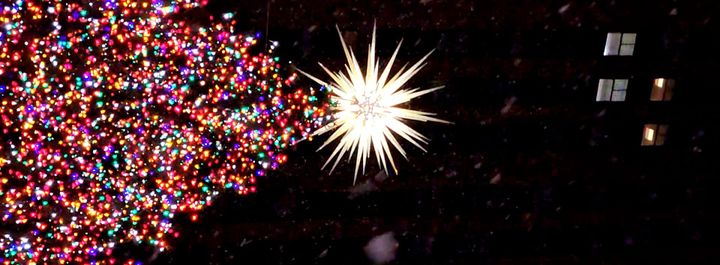 Colorful Christmas tree lights, the spiky white star on top, snow flakes blurry in the air, lit windows several stories above.