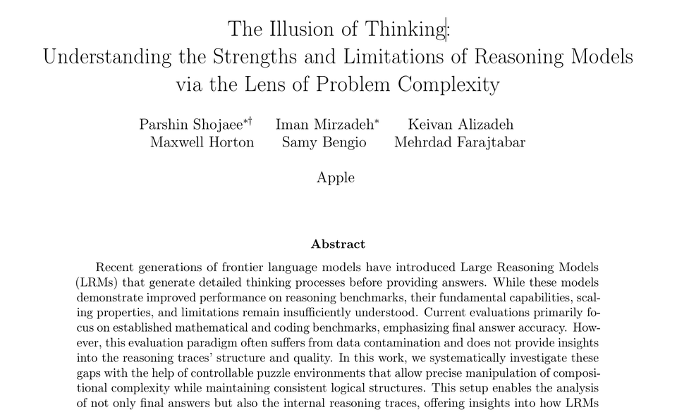 The Illusion of Thinking: What Apple’s Paper Really Says About "Reasoning" Models
