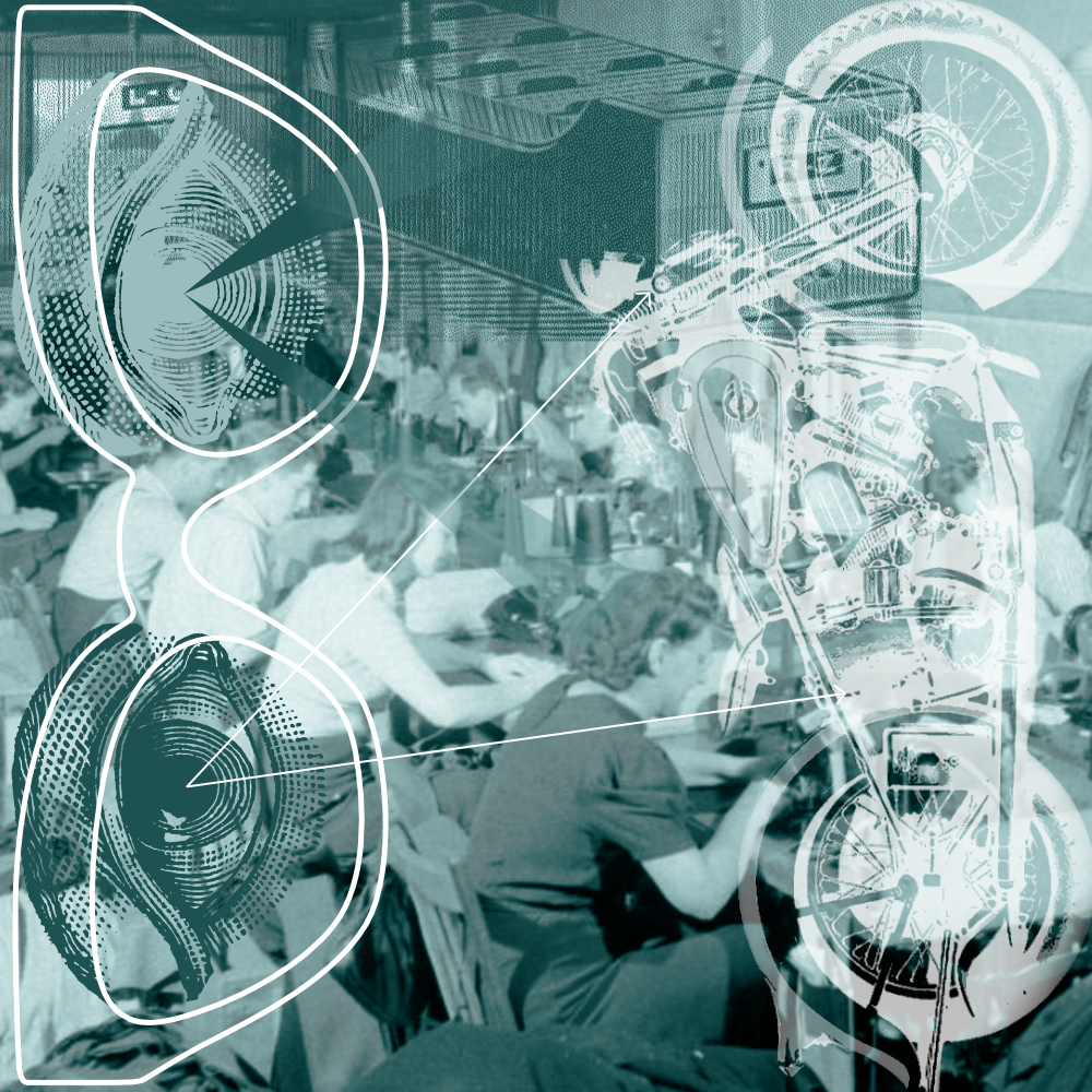 A montage of photographs and etchings of seamstresses, motorcycles, and card catalogues