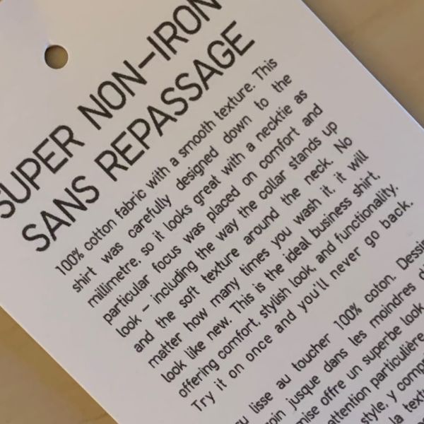 A close up of a product hang tag