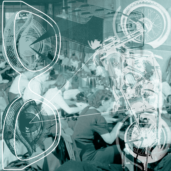 A montage of photographs and etchings of seamstresses, motorcycles, and card catalogues