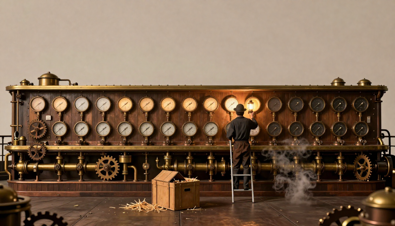 A long wall of round pressure gauges, the left ones lit and the right ones dark, an engineer on a ladder holding a lantern to the first dark gauge, a crate below.