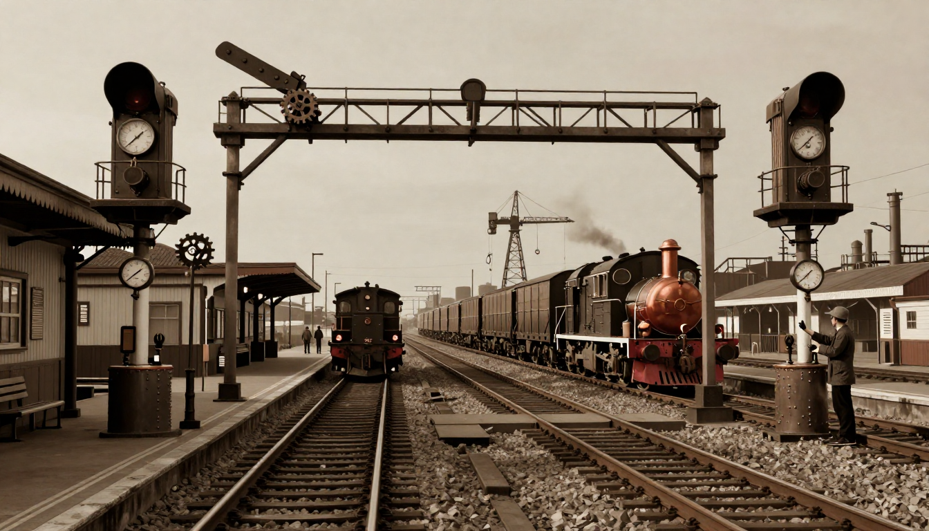 Steampunk railway junction where two tracks split under a signal gantry, a small train heading to a platform and a copper locomotive hauling freight.