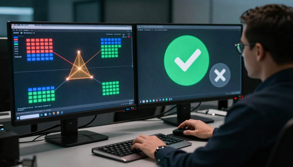 A security analyst at two monitors, one with red, blue, and green blocks linked to an amber triangle, the other with a green check and grey X.