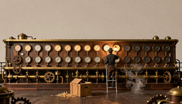A long wall of round pressure gauges, the left ones lit and the right ones dark, an engineer on a ladder holding a lantern to the first dark gauge, a crate below.