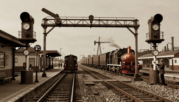 Steampunk railway junction where two tracks split under a signal gantry, a small train heading to a platform and a copper locomotive hauling freight.