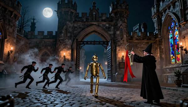 A brass automaton walks through a moonlit Gothic castle gate as guards run a drill and a cloaked steward holds up a key on a crimson ribbon.
