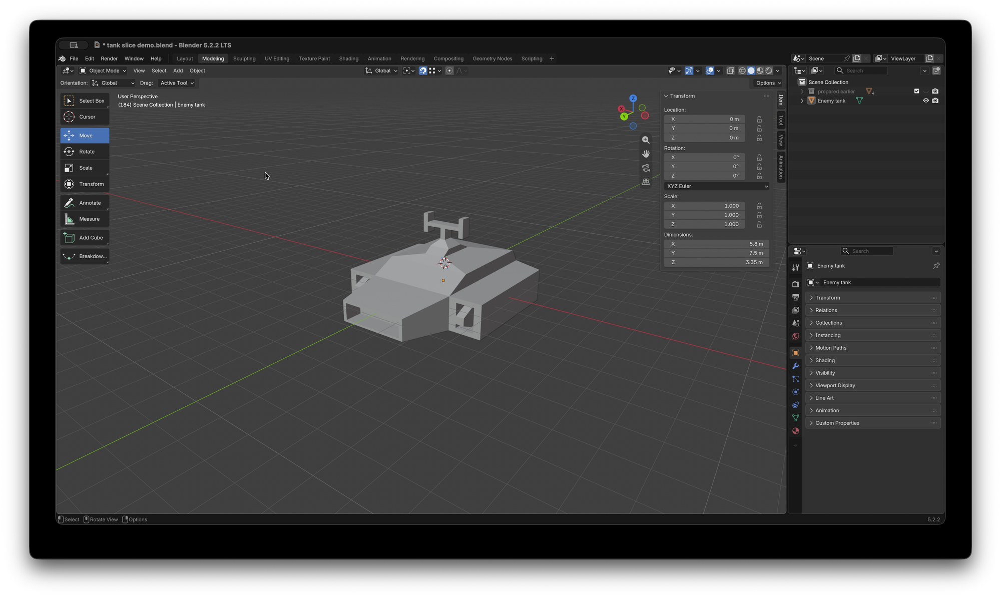 Blender UI with a simple model of a hover tank, object mode selected.